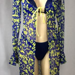 Zuliana Aloha Tropical Print Long Ruffle Sleeve Mesh Cover Up. Made in USA/ New Blue Size undefined Photo 0