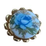 Vintage 14KGP Gold Tone Ceramic Stud Earrings Blue Flowers Scallop Edge Estate Photo 1