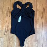 Francesca’s ruffled, sweetheart, neckline thong bodysuit Black Photo 1
