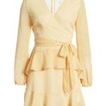 Leith White Mustard Yellow Striped Long Sleeve Belted Frilly Midi Dress Photo 0