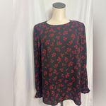 Loft  Petite Garden Ruffle Cuff Black Red Floral Long Sleeve Top Large NWOT Photo 2
