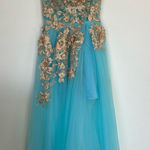 Blue Tulle Gold Applique Off The Shoulder A Photo 0
