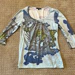 Yukiko 3/4 Blue & Green Bird and Floral Graphic Top Size L Photo 0