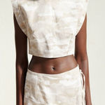 ZARA neutral tan camo linen blend cropped boxy fit short sleeve top size large Photo 0