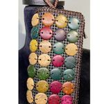 Crochet Multicolor Wooden Women’s Wallet Wristlet Barrel Shaped Zip Structured Brown Photo 3