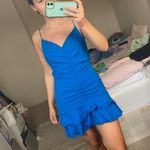 ZARA linen mini dress cobalt blue ruched open back cocktail vneck tiered ruffle Photo 6