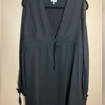 Tobi  Black V Neck Middle Midi Dress with Slit Tie Sleeves Photo 1