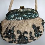 Vtg flapper style Made In Belgium crocheted sequin beaded kiss clasp formal bag Green Photo 13