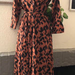 Cheetah leopard animal print classy button up down maxi shirt dress cinched waist and belt Orange Photo 0