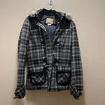 Billabong Coat Black Gray Plaid Wool Blend Faux Fur Hooded Jacket Sz S Photo 1