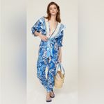 Farm Rio Full of Flowers Vibrant Blue & White Floral Jumpsuit Lace Trim sz Large Photo 4