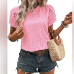 ELDINA Women's 2024 Summer Casual Short Sleeve Blouse Embroidery Petal Sleeve L Pink Size L Photo 0