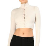 The Range  Beige Button Front Cropped Alloy Rib‎ Knit Turtleneck Cardigan EUC M Photo 0
