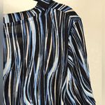 JM Collection Women’s Chic Modern Abstract Blue Black Blouse Stretchy Knit Chic Shirt Large Photo 5