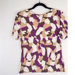 St. John  Womens Top Beige Abstract Short Sleeve Stretch Blouse Casual Size Small Photo 6
