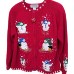 Tiara International  Christmas Collection 2004 Red Snowman Sweater Cardigan M Photo 0