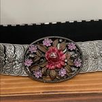 Vintage Silver Stretch Belt Metal Silver Rhinestone Flower Belt Buckle Size M/L Photo 1