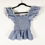 O.P.T Alana Cotton Poplin Smocked Bodice Ruffle Sleeve Blouse Shirt Top Blue XS Photo 3