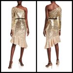 💕MARCHESA NOTTE💕 Glitter Ruffle Asymmetric Cocktail Dress ~ Champagne 4 NWT Gold Photo 1