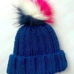 Boden Blue,Pink,White and‎ Red Pom Pom Knit Ribbed Beanie Size XS Stretch Blue Photo 0