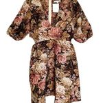 BaeVely Henly Brown Floral Jacquard Puff Sleeve Mini Cutout Dress Size Medium Photo 0