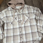 NEW IN Women's Ivory Brown Gold Plaid Shacket Hooded Hoodie Shirt Medium Photo 0