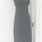 Norma Kamali Large Black, White Stripe Sleeveless Bodycon Midi Dress with Sash Photo 0