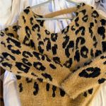HYFVE  Tan and Black Fuzzy Off Shoulder Cropped Open Back Leopard Sweater SzSmall Photo 0