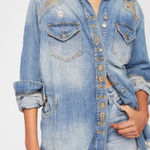 Free People  Moonchild Embroidered Distressed Shirt Jean Jacket Photo 0