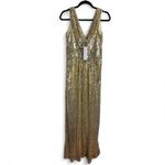 Kate Kasin Bright Gold Sequin Maxi Gown XS Elegant Formal Evening Dress Deep V Photo 2