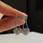 No Brand | Silver Sparkle Diamond Heart Bow Charm Earrings Accessory Bright Bold Photo 1