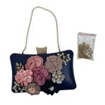 Clutch Bag Satin Flower Handbag Dinner Pearl Wedding Prom Banquet Cocktail Vaca Blue Photo 2