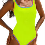 Popvil swimsuit one piece large lined electric neon yellow highlighter NEW Photo 0