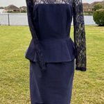David Meister Blue Lace Long Sleeve Peplum Dress Photo 2