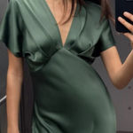 ZARA NWT Green Satin Slip Midi Dress Sz Large Short Sleeve Cocktail Quiet Luxury Photo 0