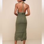 Lulus NWT Blissful Strolls Olive Green Crochet Faux-Wrap Halter Midi Dress Small Photo 3