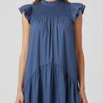 Sea New York Marlene Tunic Mini Dress Smocked Ruffle Blue Cotton Blend Sz Small Photo 0