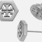 Tory Burch NWOT  Hexagon Logo Stud Earrings: Silver Plated Photo 5