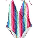 Privacy Please One Piece Halter Top Swimsuit Bold Stripe Size Medium Women's Photo 0