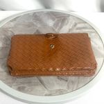 Source Unknown Woven Tan Trifold Wallet Faux Leather Snap Closure 8”x4.5” Photo 1
