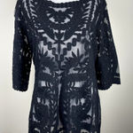 Laundry by Shelli Segal Blouse Large Black Lace Brocade Over Mesh Scalloped Hem Photo 0