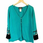 Bob Mackie Wearable Art Open Cardigan Teal Green Long Sleeves Embroidered Fringe Photo 0