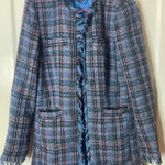 Venus  Blue Plaid Tweed Fringe Jacket Blazer Women Size 2 Photo 0