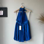 L’IDEE Renaissance Moroccan Blue Pleated Satin Crisscross Halter Mini Dress NWT Size 8 Photo 4