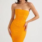 House Of CB JULIANNA TANGERINE STRAPLESS RUCHED MIDI DRESS, Size Small, $239 Photo 0