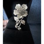 Rhinestone Encrusted Pin Flower Stem Leaves Silver Tone Cocktail Brooch Photo 6