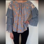 By TIMO Blue Tiered Ruffle Sleeve Floral Bird Print Blouse size medium Photo 4