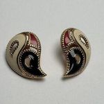 Avon Enamel Paisley Red Cream Blue Gold Tone Stud Pierced Earrings NWOT Photo 0