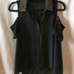 Tobi Top M Sheer Cold Shoulder Distress Beaded Gemstone Collar Button Down Black Photo 0