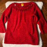 Red Sparkly Jewel Neckline Casual Pullover Sweater Photo 0